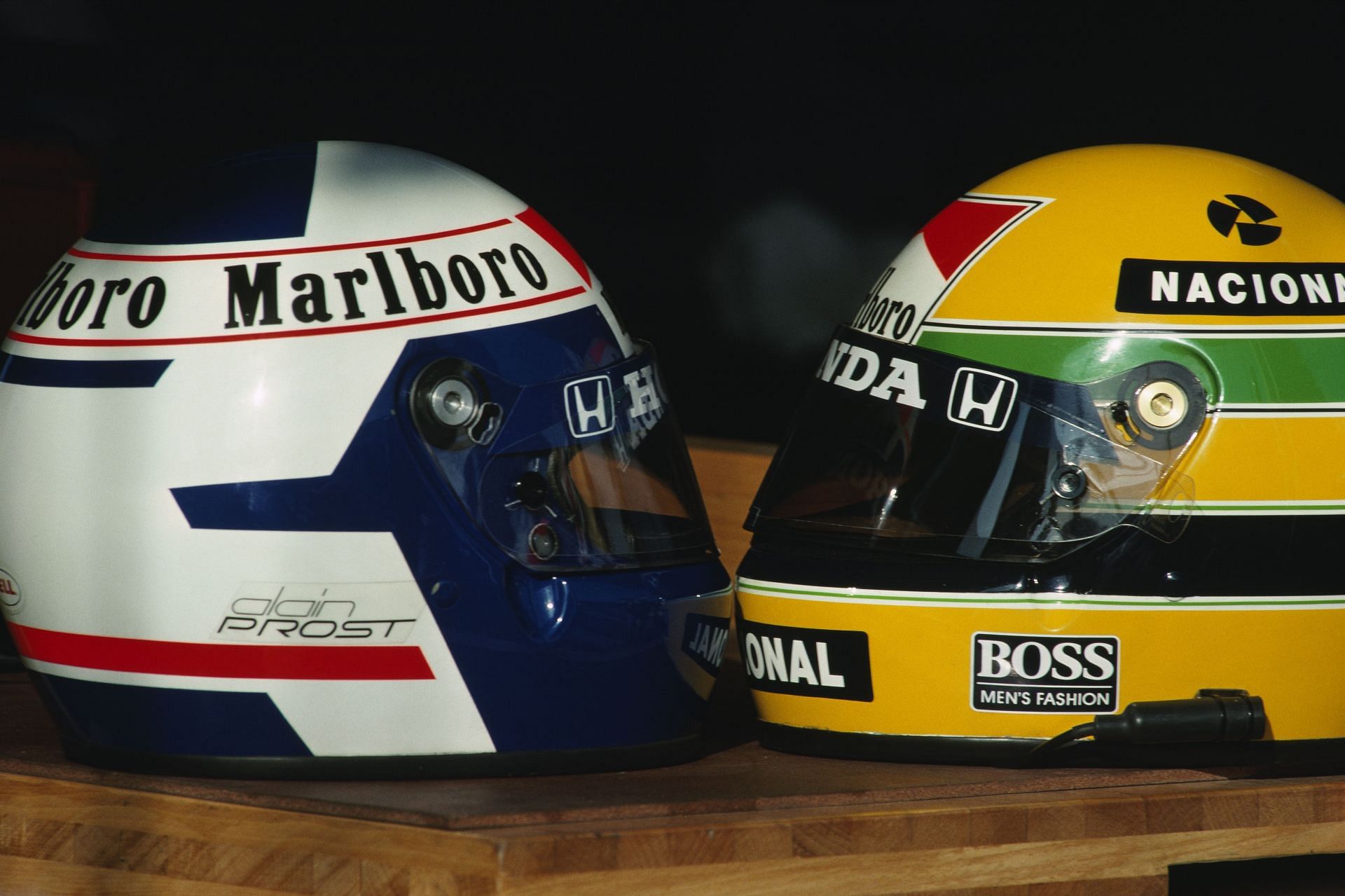 McLaren-Honda teammate helmets belonging to Alain Prost and (R) Ayrton Senna during the Spanish Grand Prix. Source: Getty